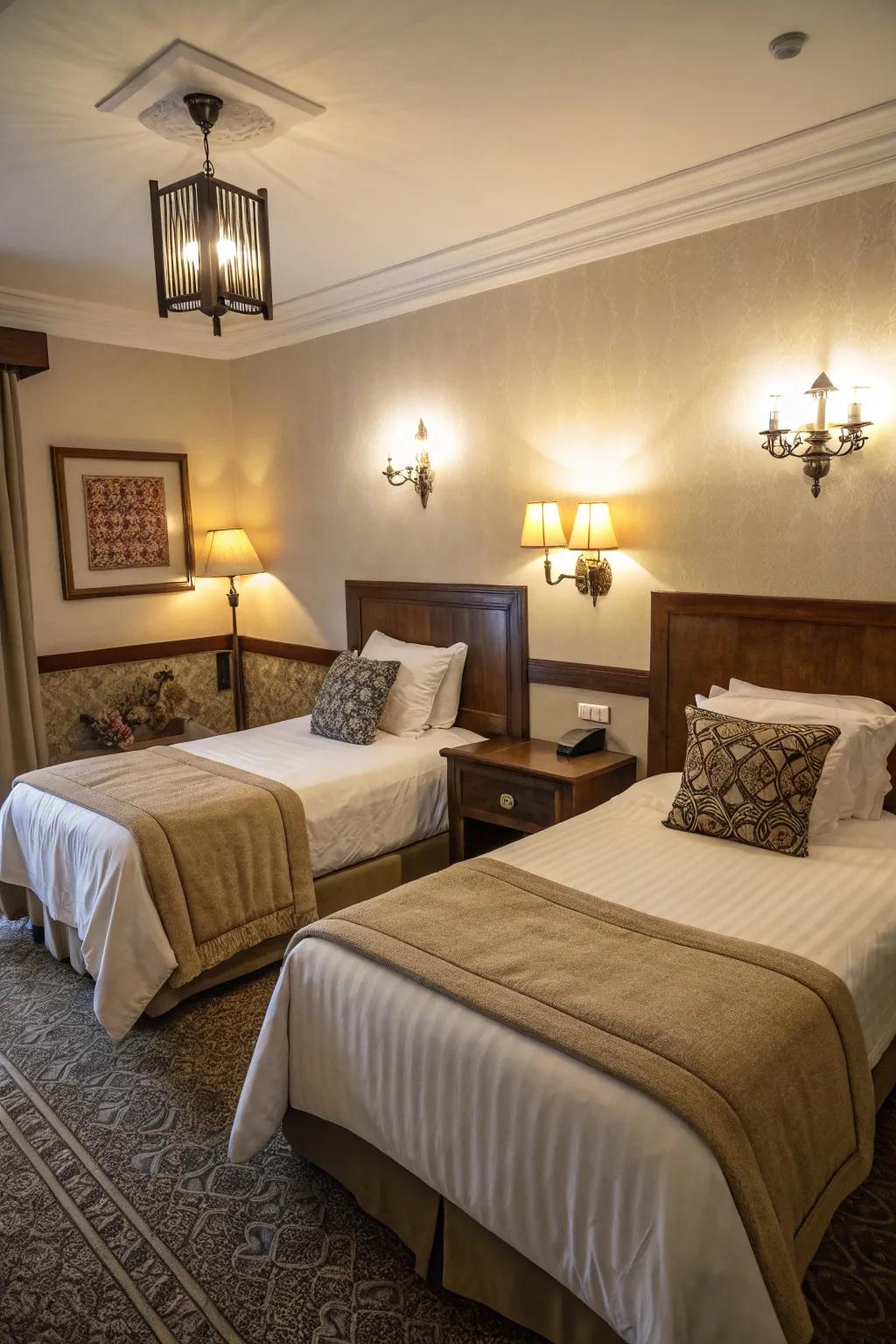 Layered lighting enriches the mood and functionality of twin bed spaces.