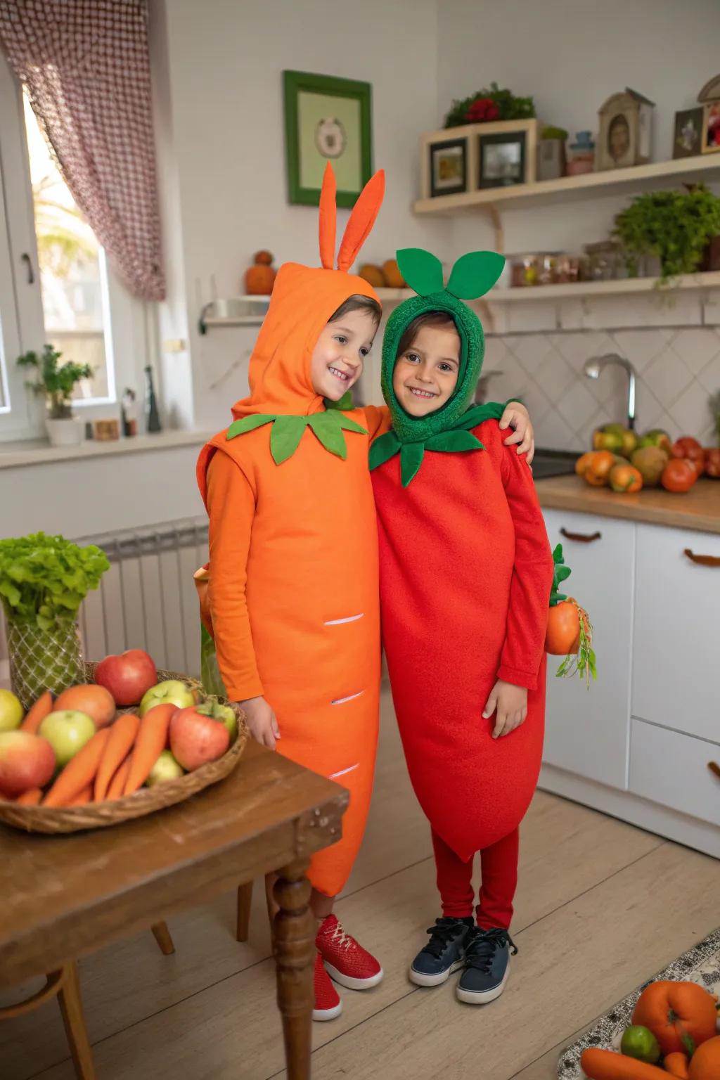 New from the garden: twins as a carrot and an apple.