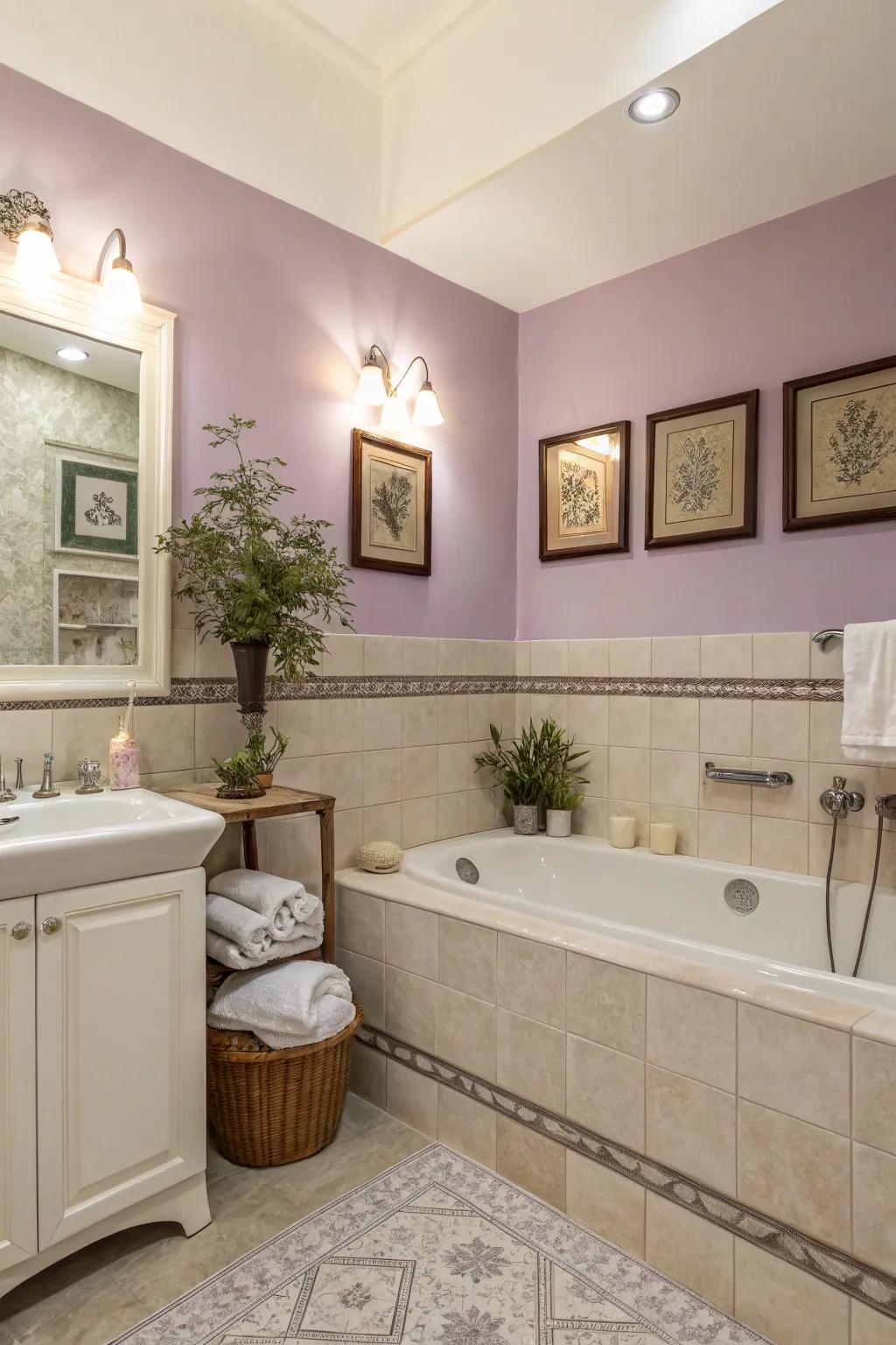 A gentle lavender and cream two-tone wall look that makes a quiet retreat.