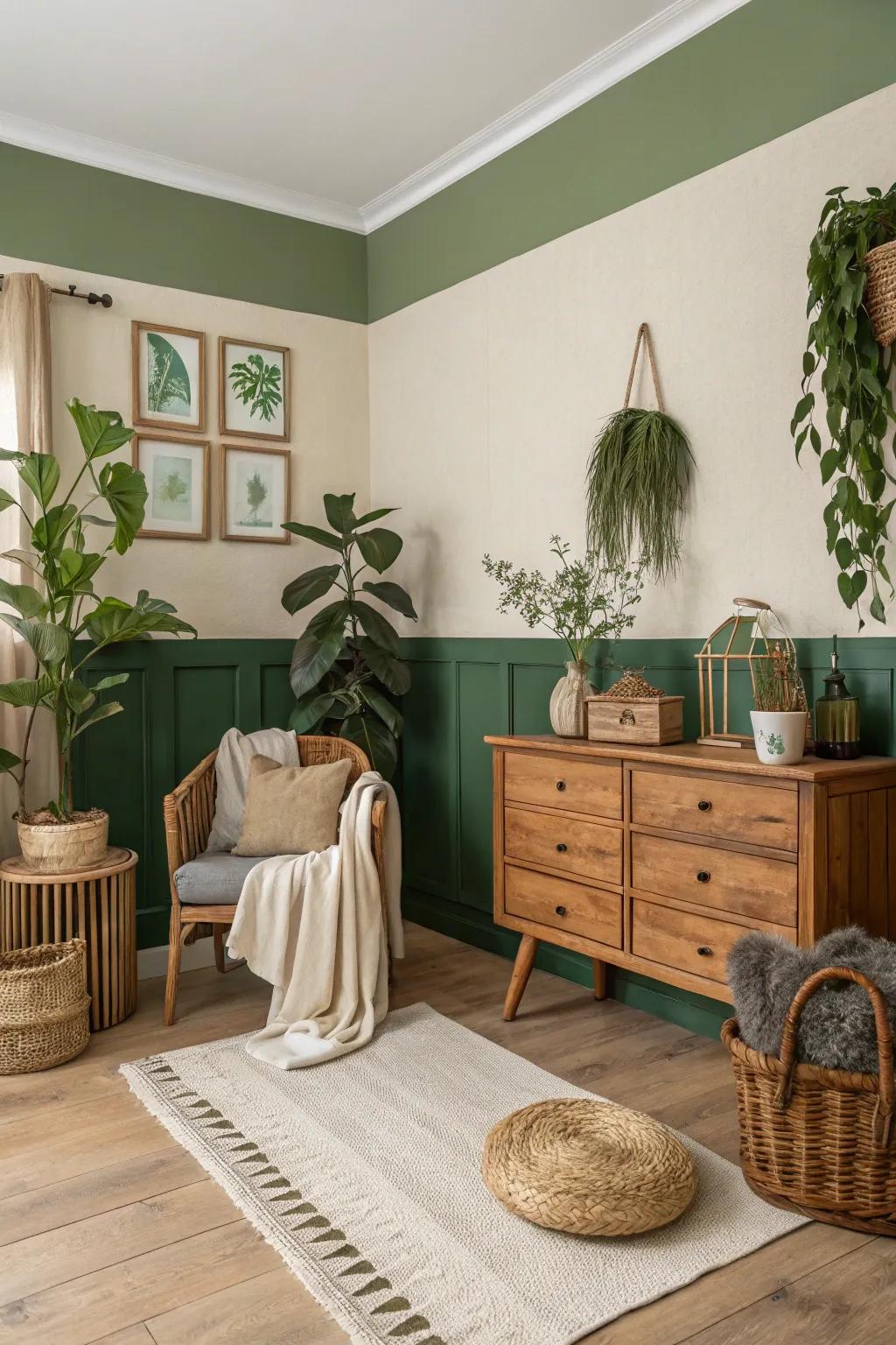 Evergreen and cream craft a harmonious natural look.