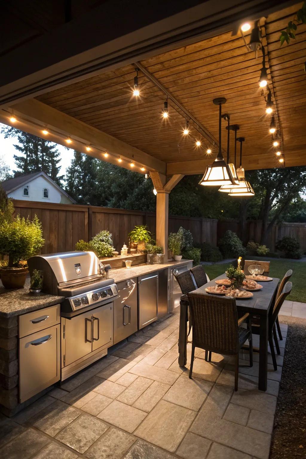 Under-eave lighting amplifies the usability of outdoor cooking areas.