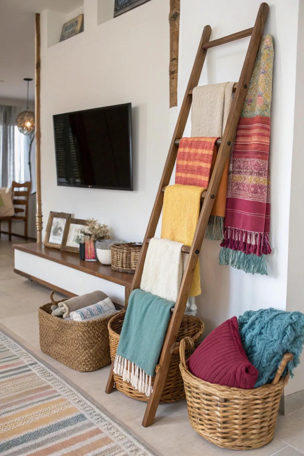 A decorative ladder adds a unique touch beneath your TV.