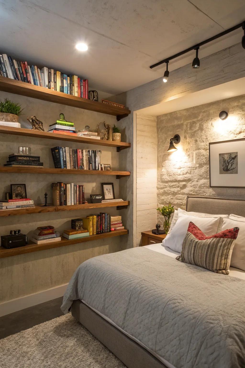 Floating shelves can add style and functionality to your basement bedroom.