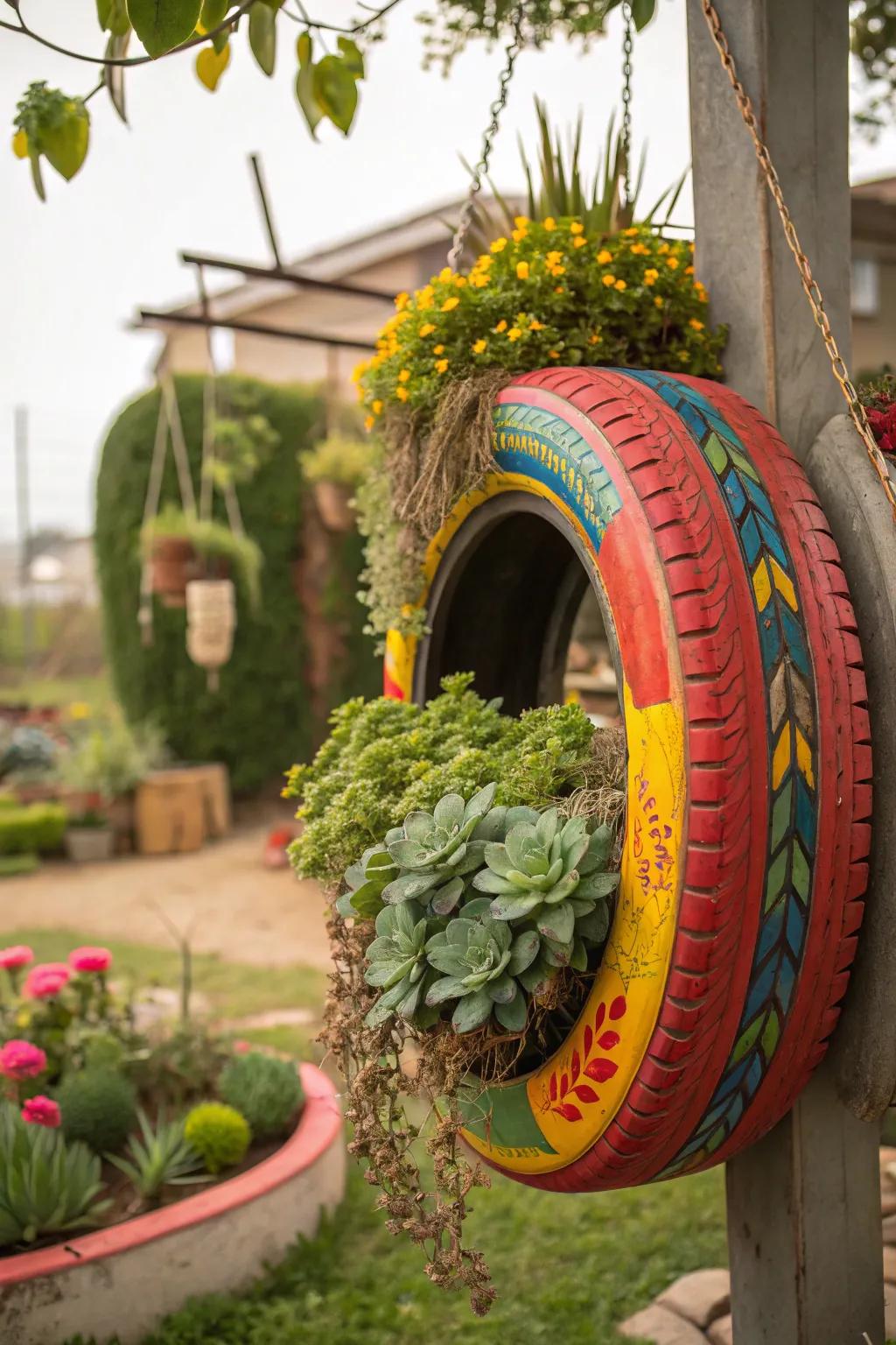 A repurposed tire converts into a striking and colorful succulent planter.
