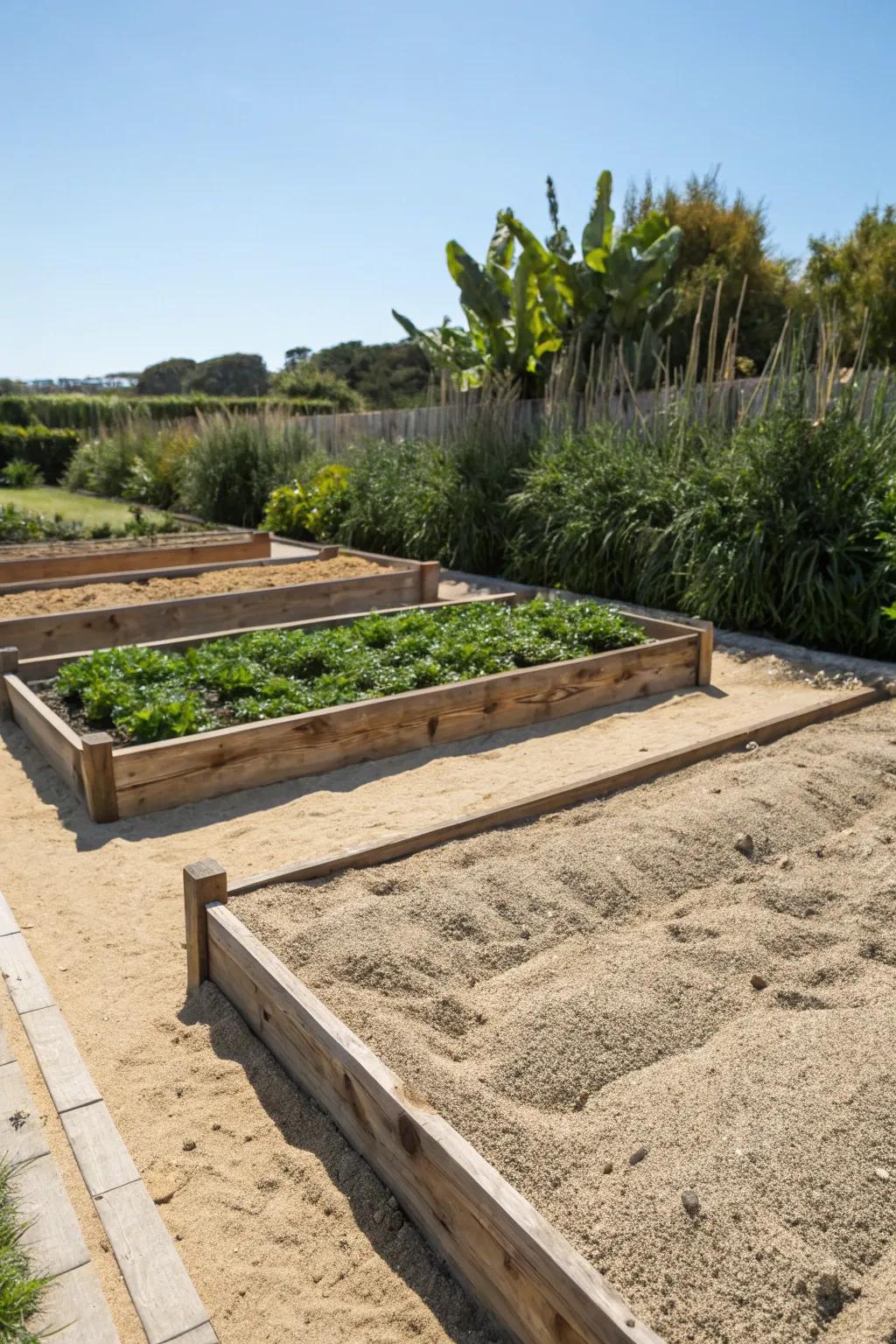 Sleek sand blanket for secured and orderly garden beds.
