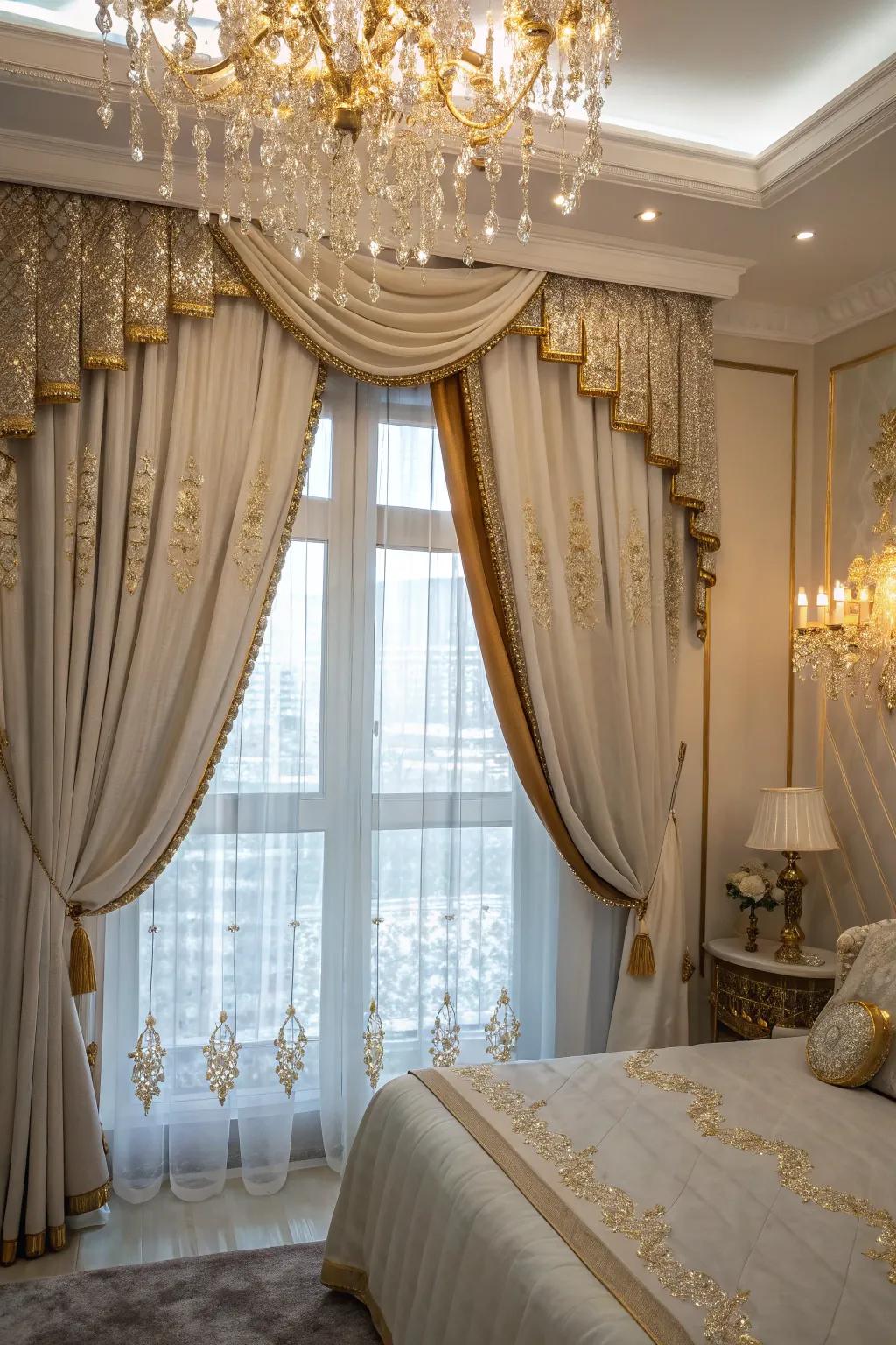 A window using a gold-accented valance in a glamorous bedroom.