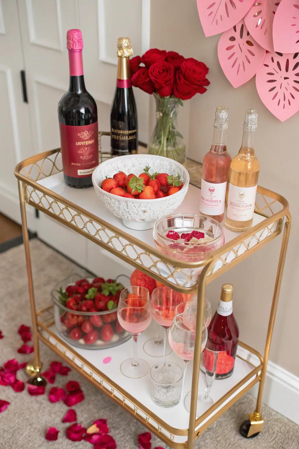 Valentine's-themed cocktail bar cart