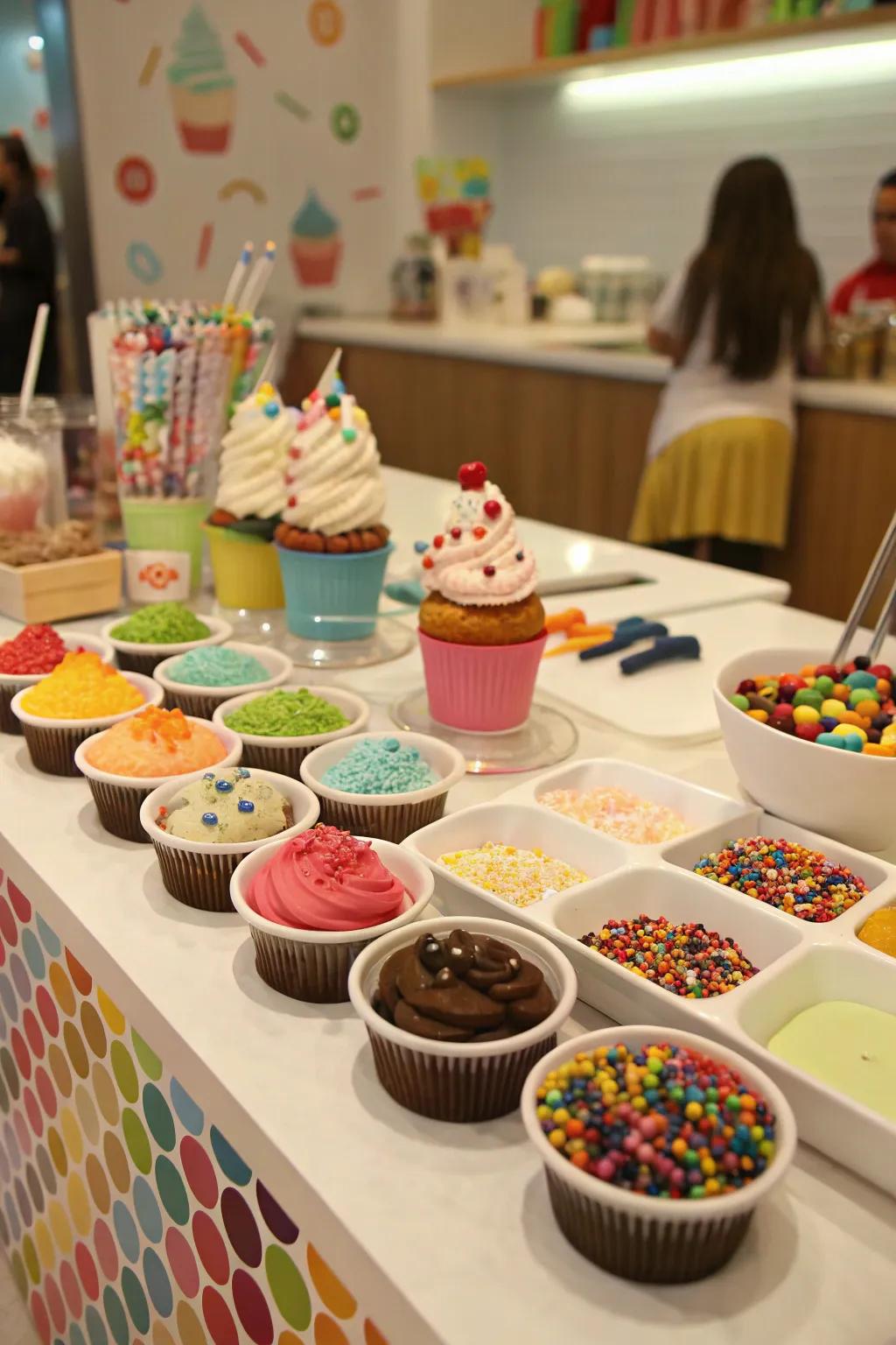 An amusing and interactive dessert counter where attendees can embellish cupcakes.
