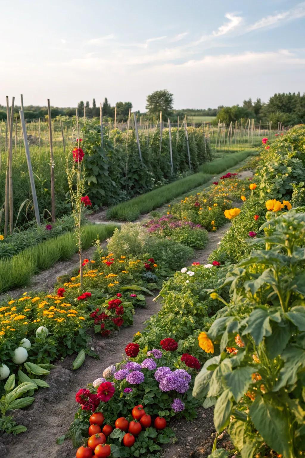 A colorful vegetable garden where flowers and veggies grow in harmony.