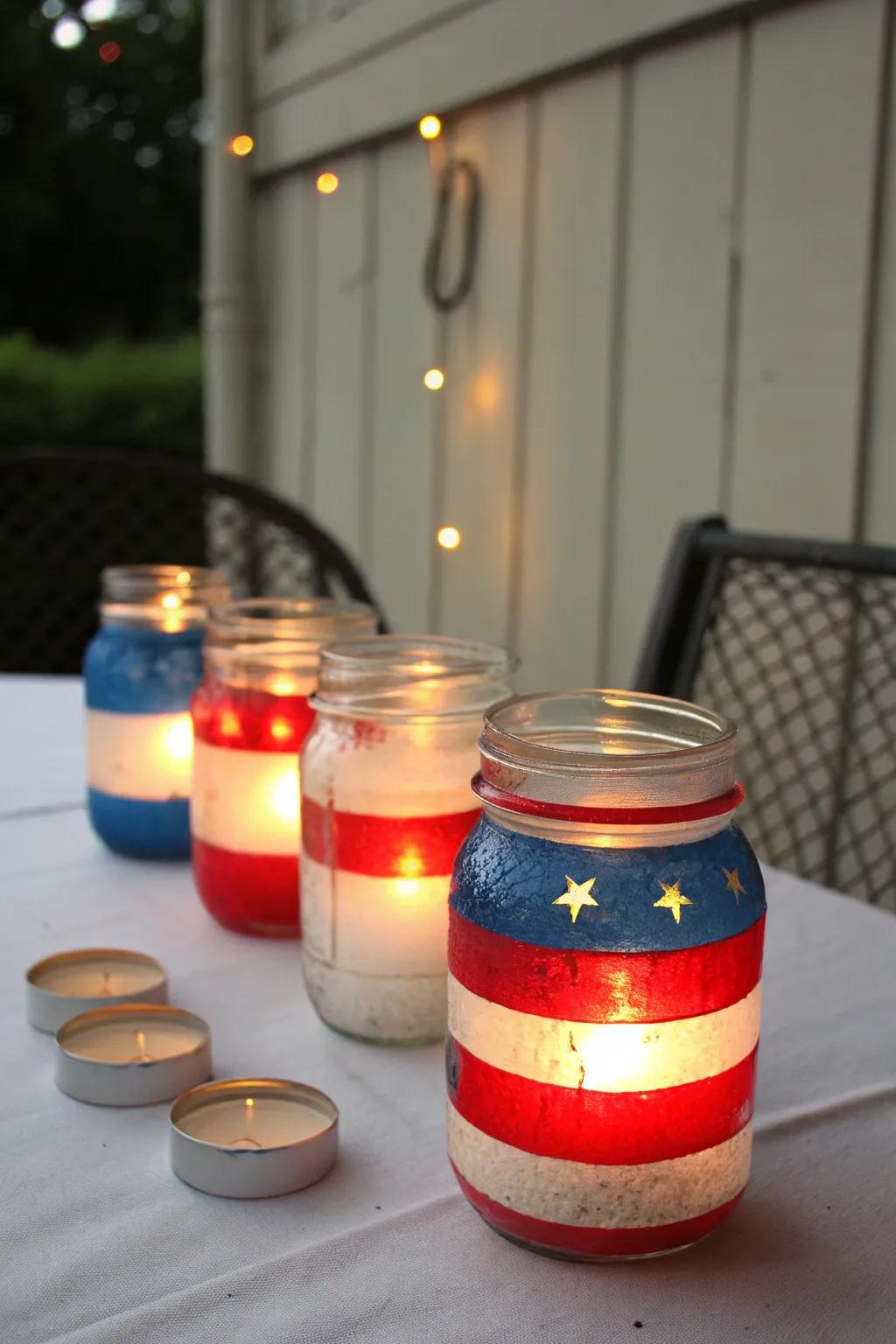 Canning jar lanterns offering a cozy and patriotic radiance.