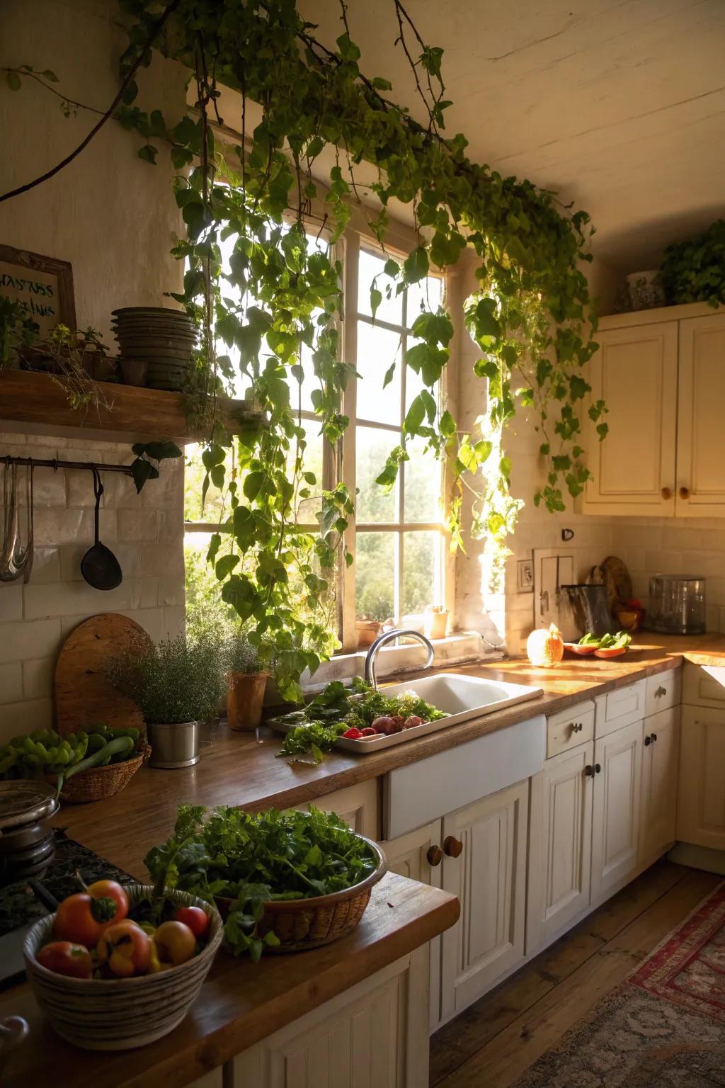 Bring freshness to your kitchen with hanging vines.