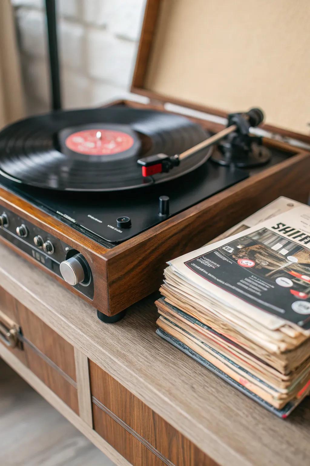 A vintage record player sets the musical mood with classic tunes.