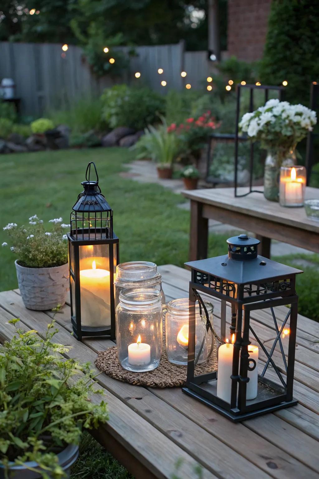 Votive candles in lanterns craft a charming outdoor ambiance.