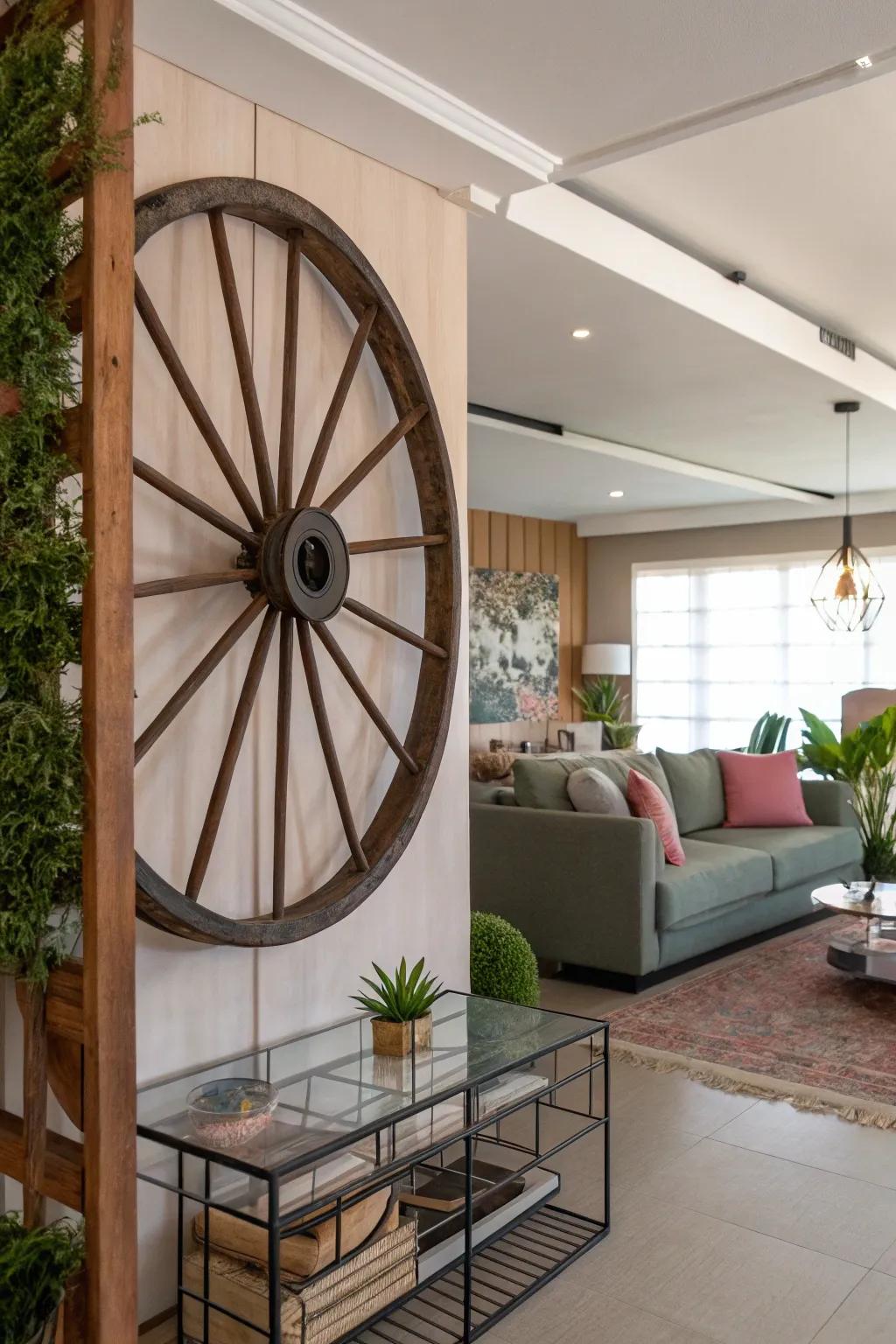 A wagon wheel creatively serving as a room divider, adding interest to the space.