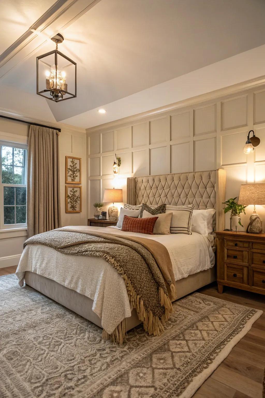 Textural layers with paneling fashion an inviting and abundant atmosphere.