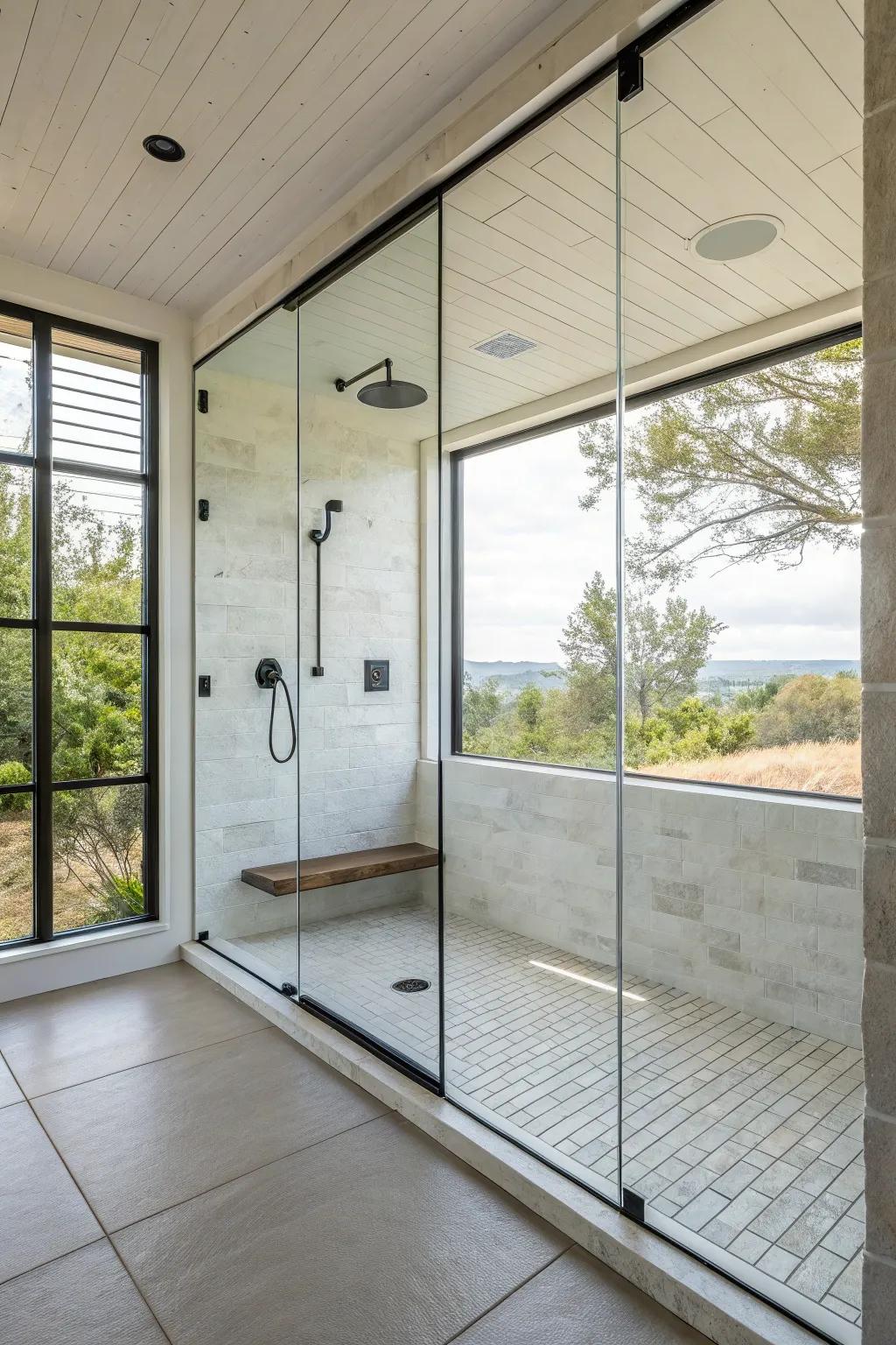 Borderless glass windows in a walk-in shower, enhancing the minimalist aesthetic.