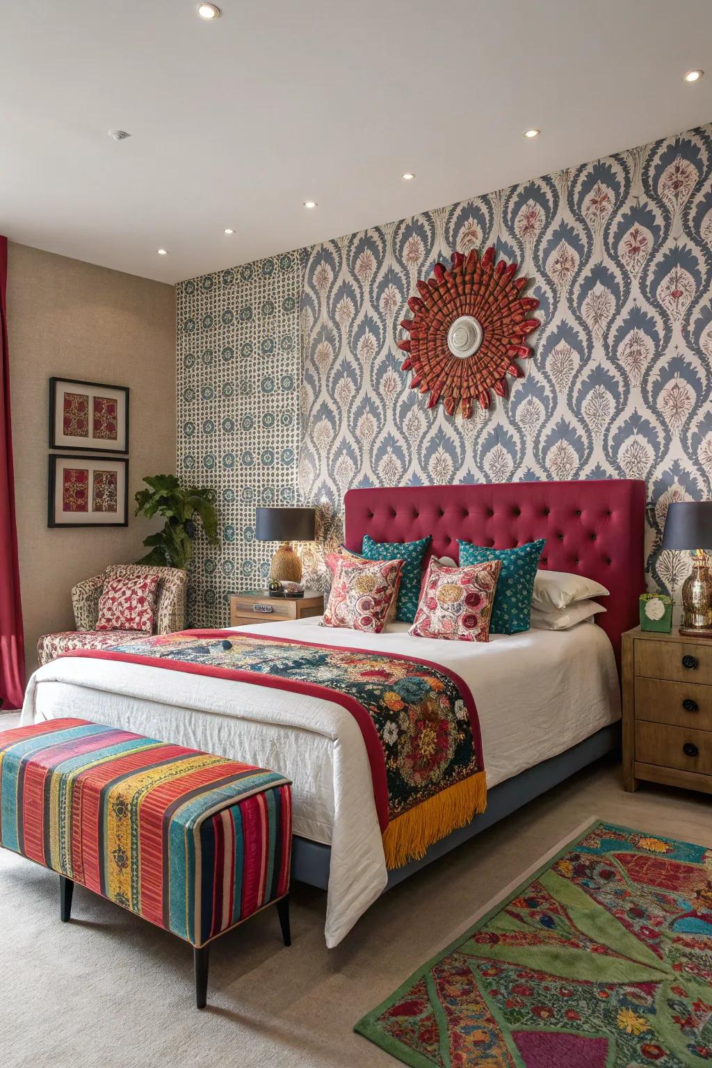 Patterned wall cover crafts a daring statement.