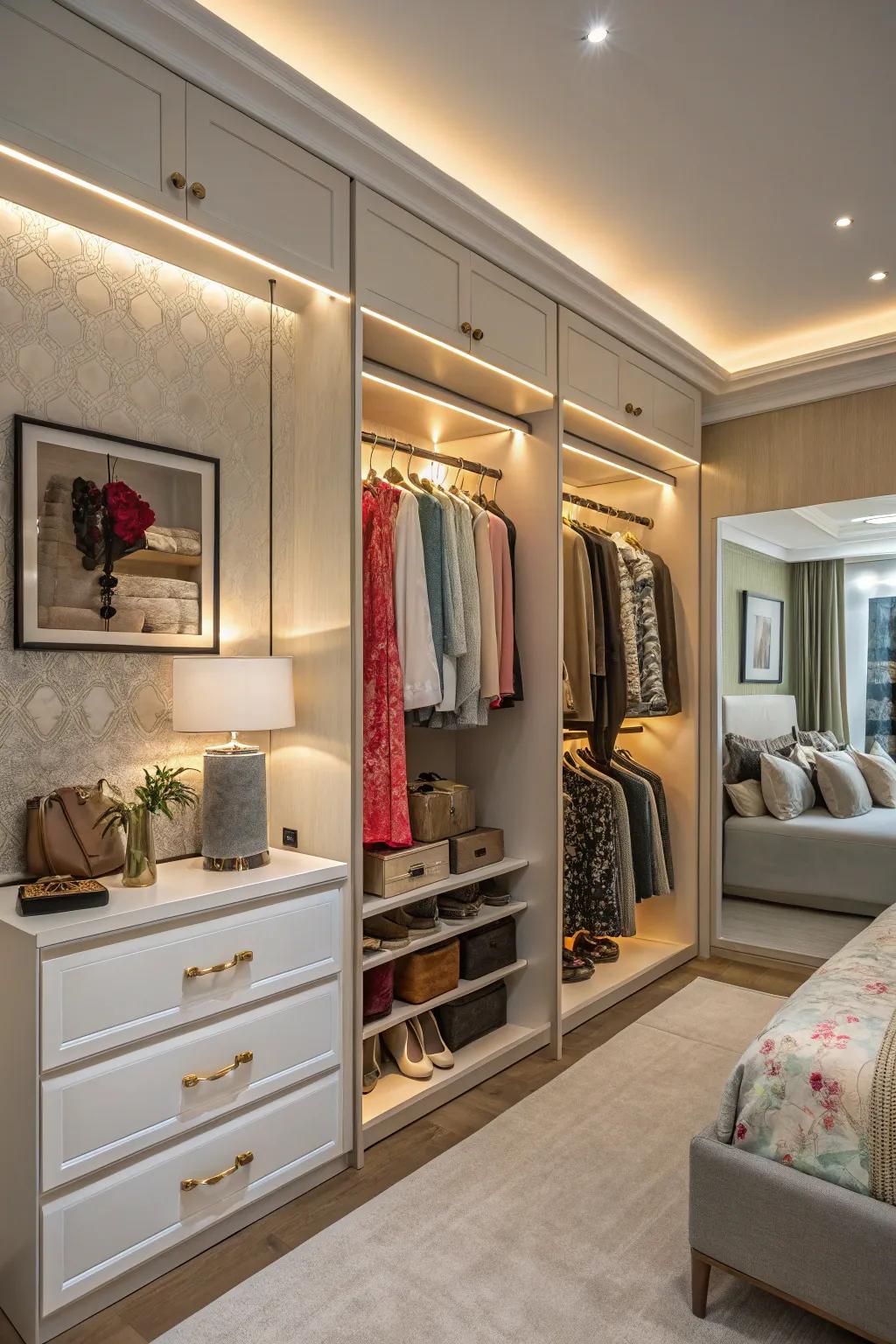 Glamour is created via accent lighting to wall closets.