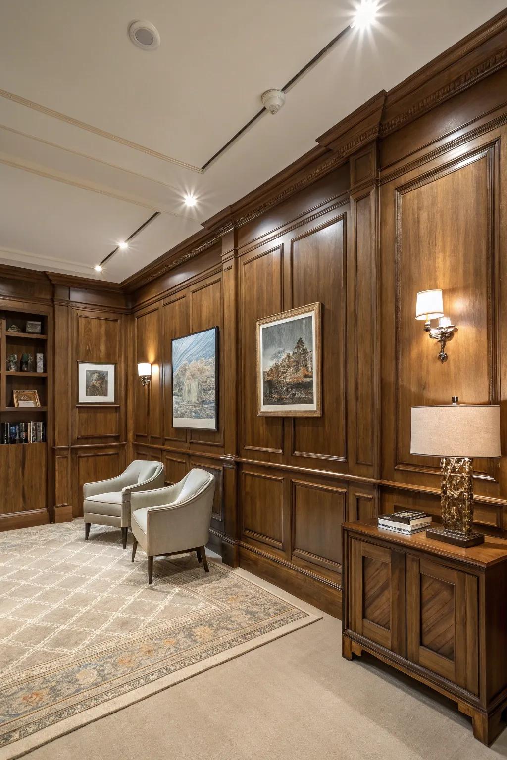 Craft elegance with wooden wainscoting.