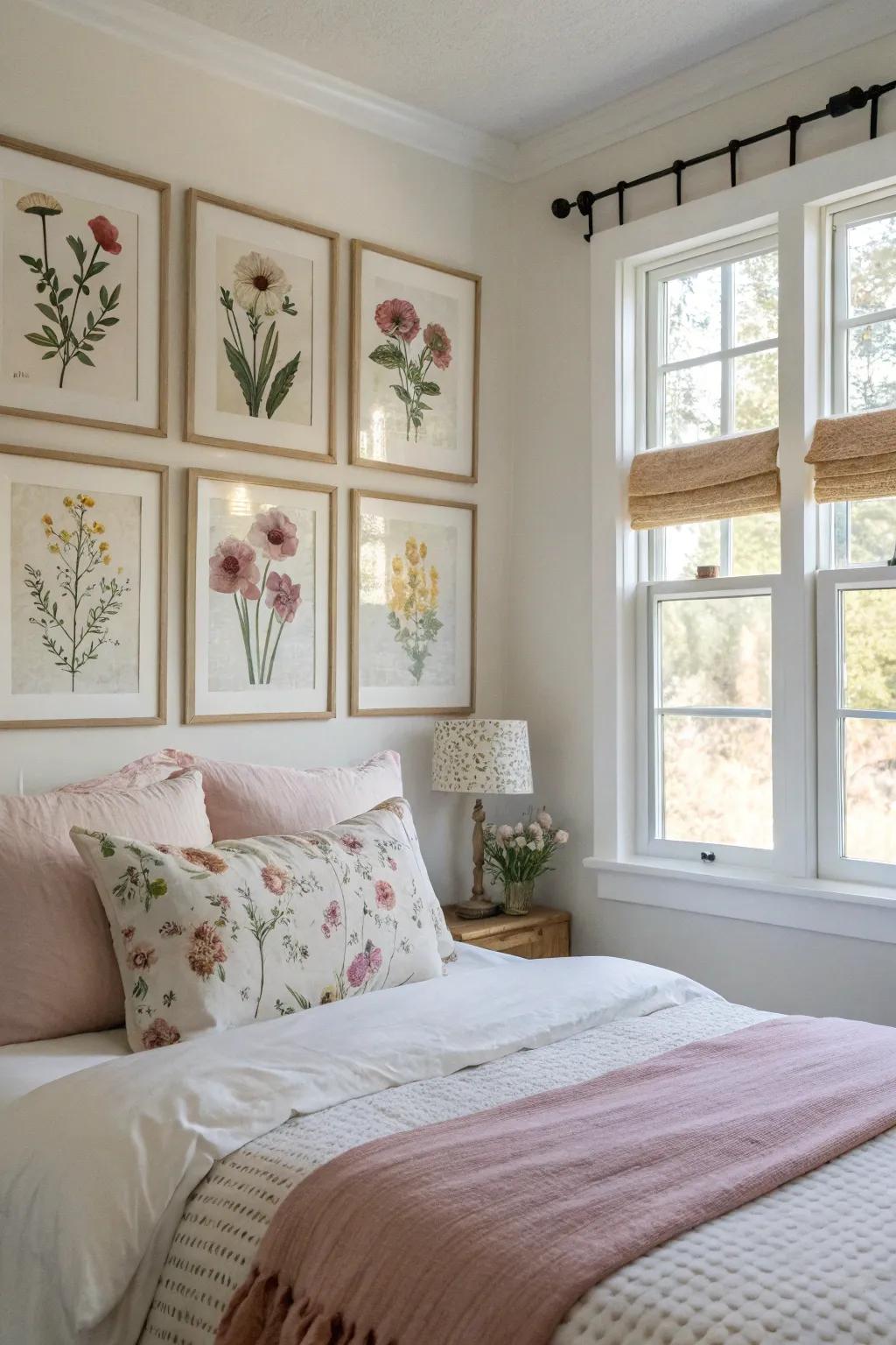 Pressed floral art introduces subtle elegance.