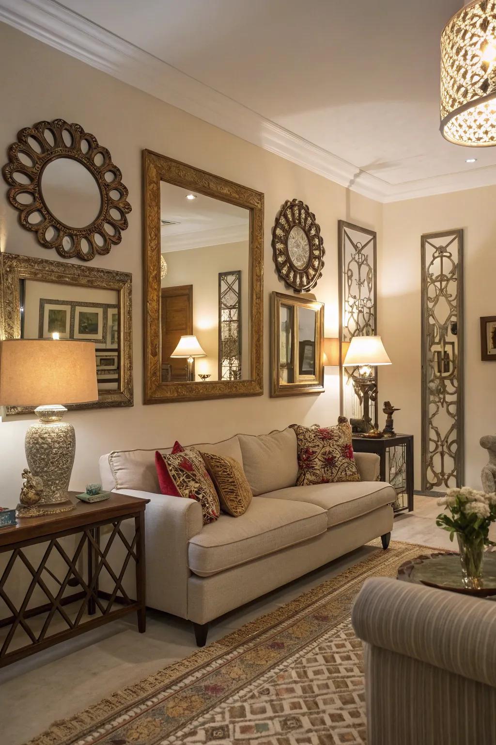 Mirrored art gives the impression of space and brightness.