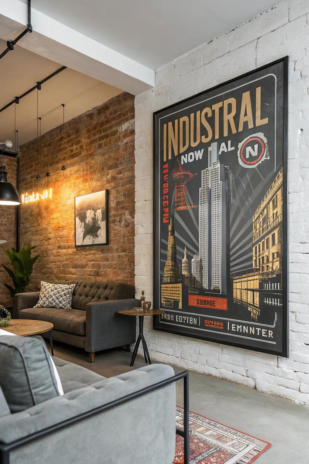 Industrial posters offer a modern edge.