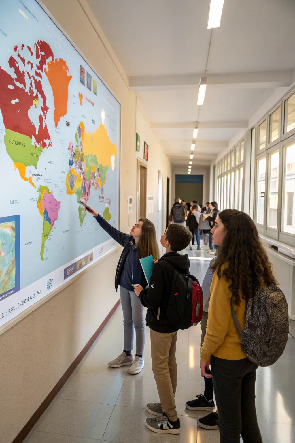 An hands-on world map that welcomes pupils to explore and learn about different cultures.