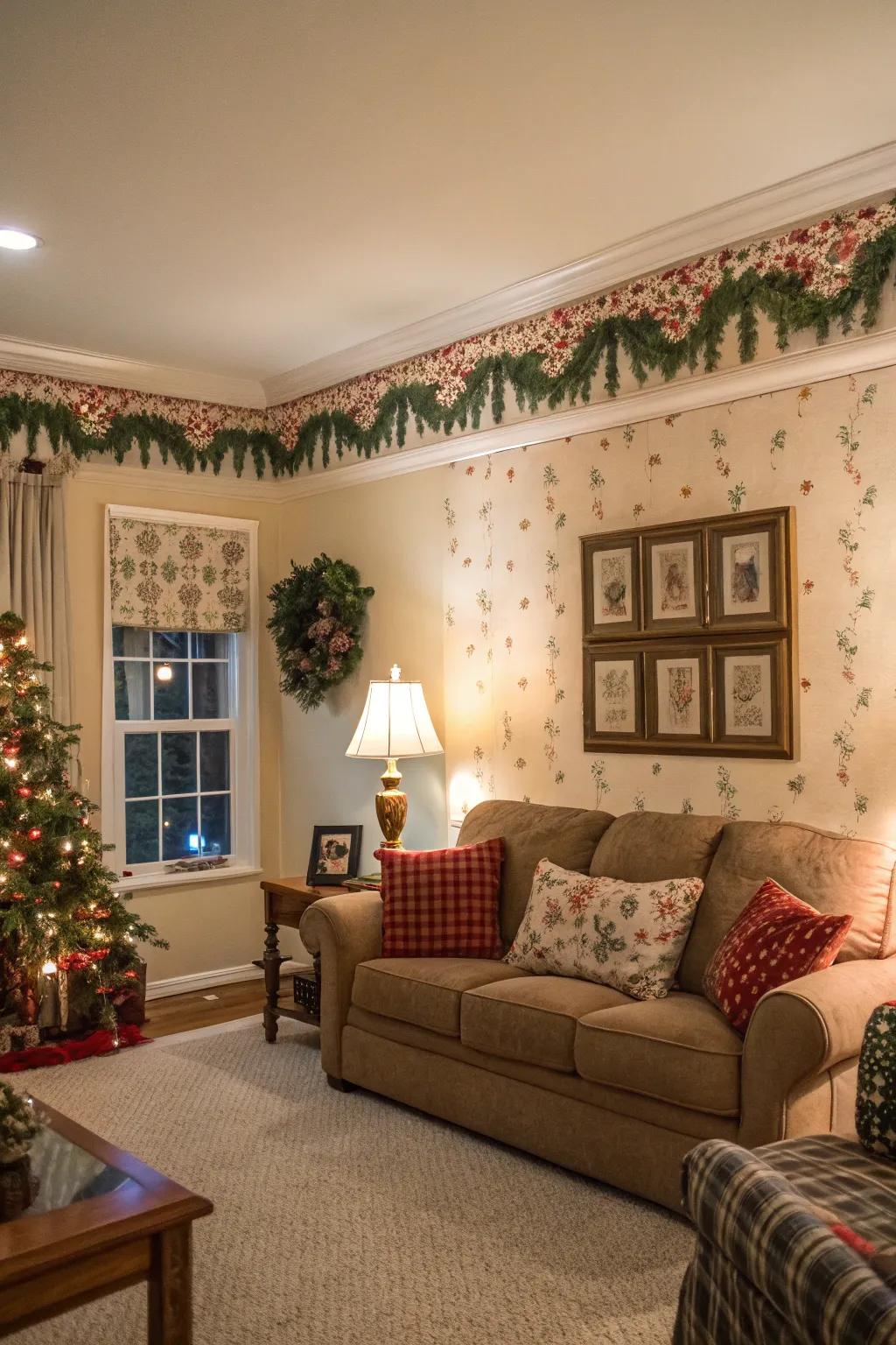 A living room refreshed with a seasonal wallpaper border.