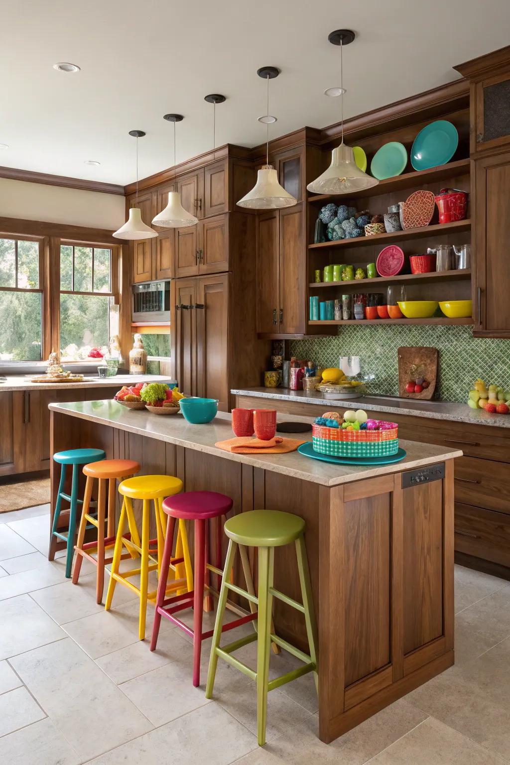 Colorful accents bring vibrancy to a darkwood kitchen.