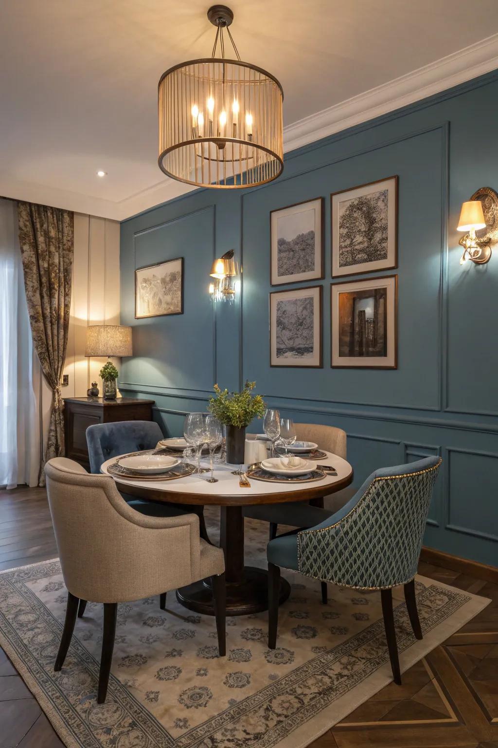 Establish a dramatic dining ambiance with gentle cerulean walls.