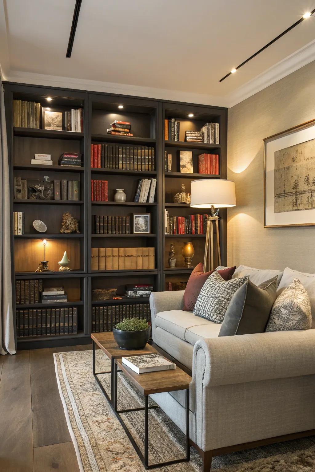 Bookshelves enrich the look of a living space through thoughtfully selected displays.