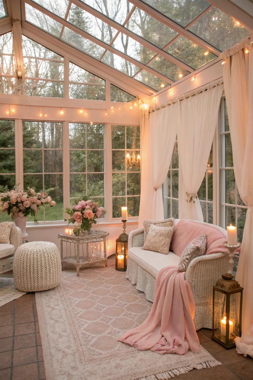 Sunroom with warm rose walls, delivering a soft and glowing atmosphere.
