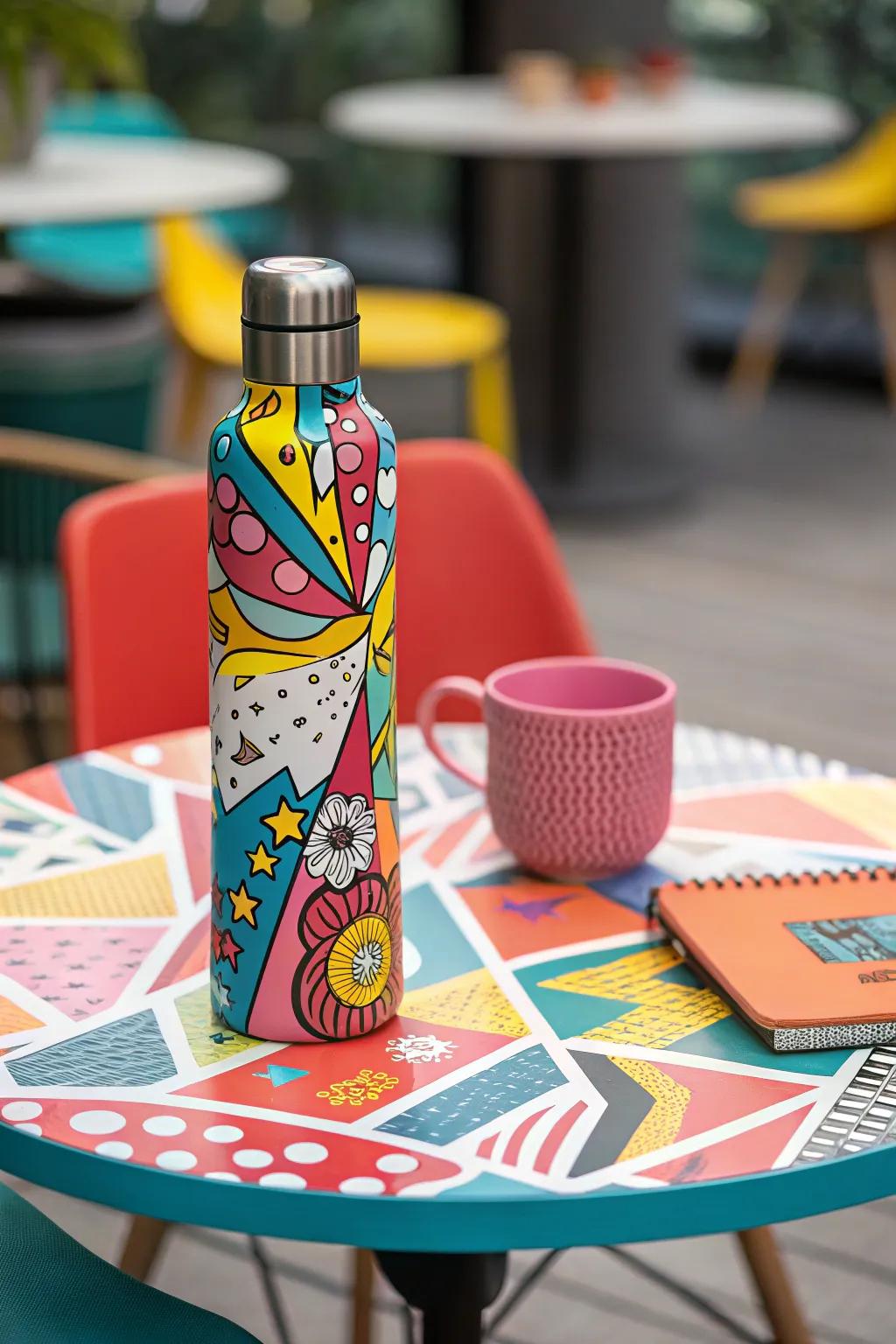 Retro pop art water bottle designs for a playful touch.