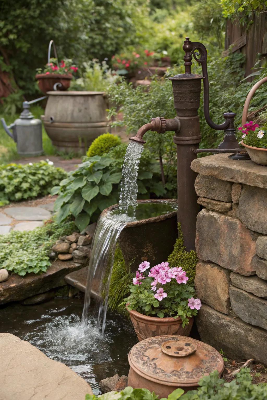 A retro spout waterfall adds historical charm to your garden.