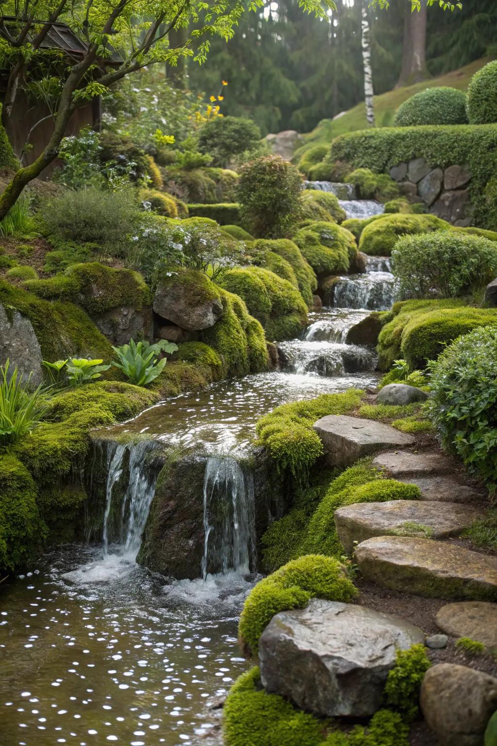 A mystical garden water feature featuring mossy rocks for a forest-like atmosphere.