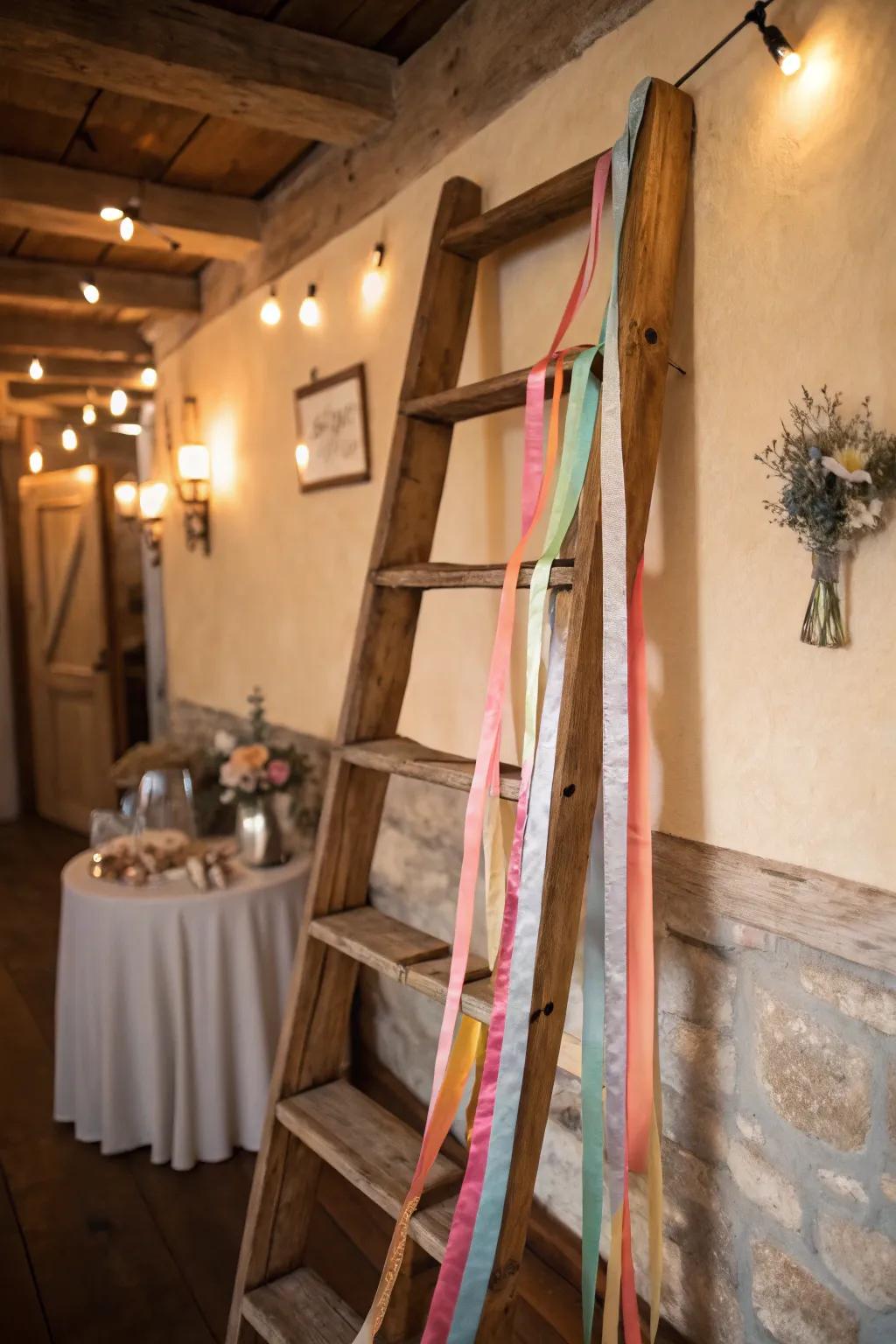 A ladder display that arranges ribbons with country charm.