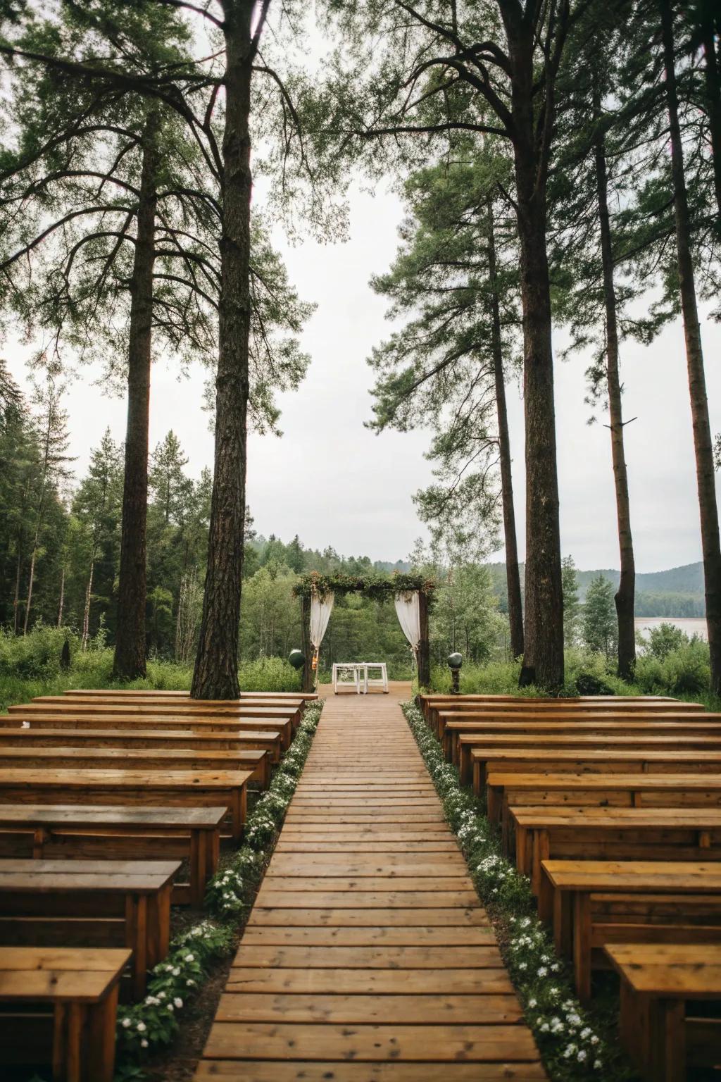 A rustic wooden plank walkway blends seamlessly with nature.