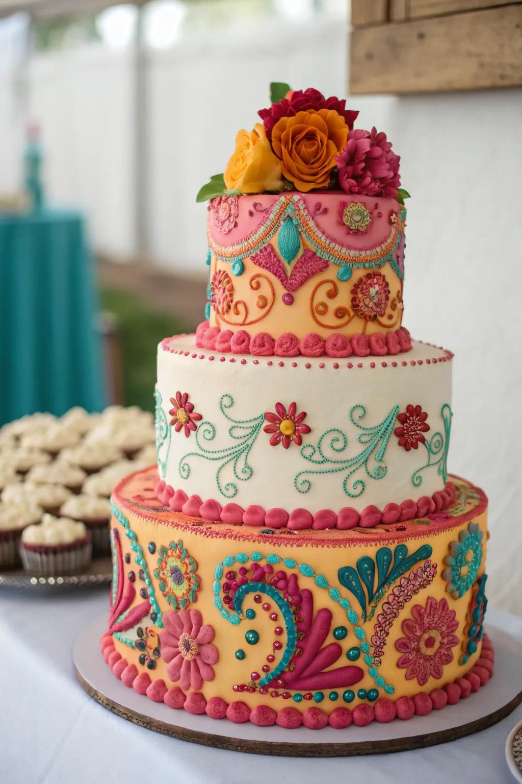 A wedding cake with vibrant, maximalist colors for a joyful centerpiece.