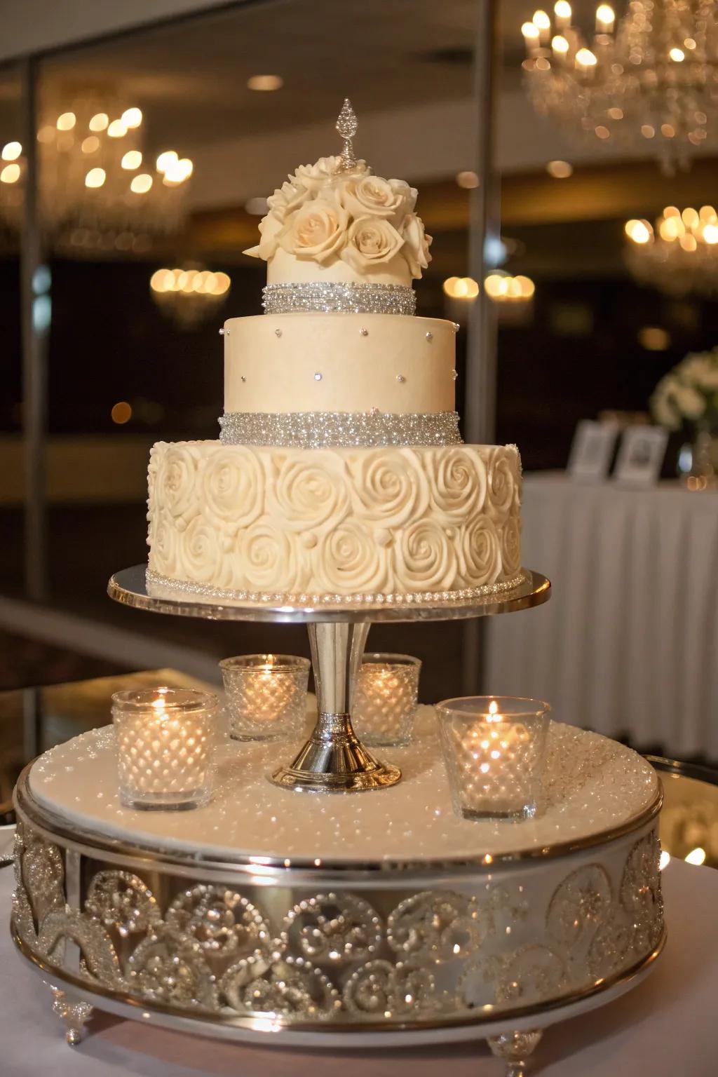 Mirrors reflect light on the cake table.