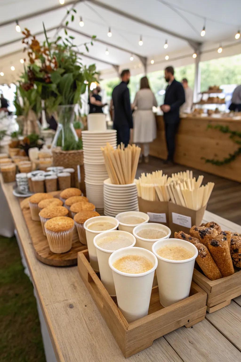 Eco-conscious serving selections at a wedding coffee corner.