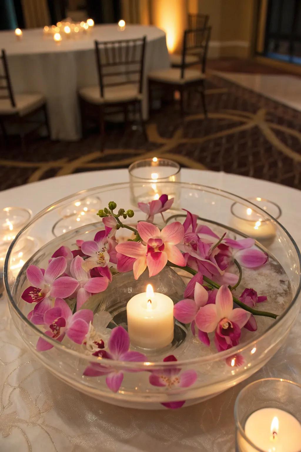 Drifting bloom centerpiece featuring orchids and flames