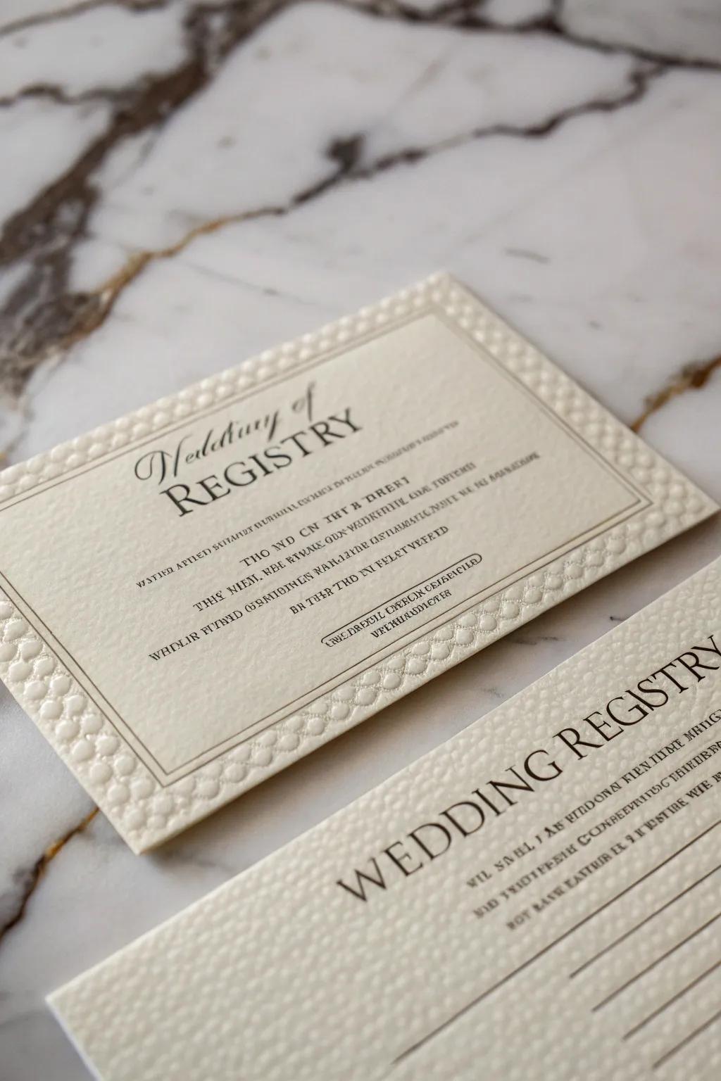 A registry note with a unique textured paper for added elegance.