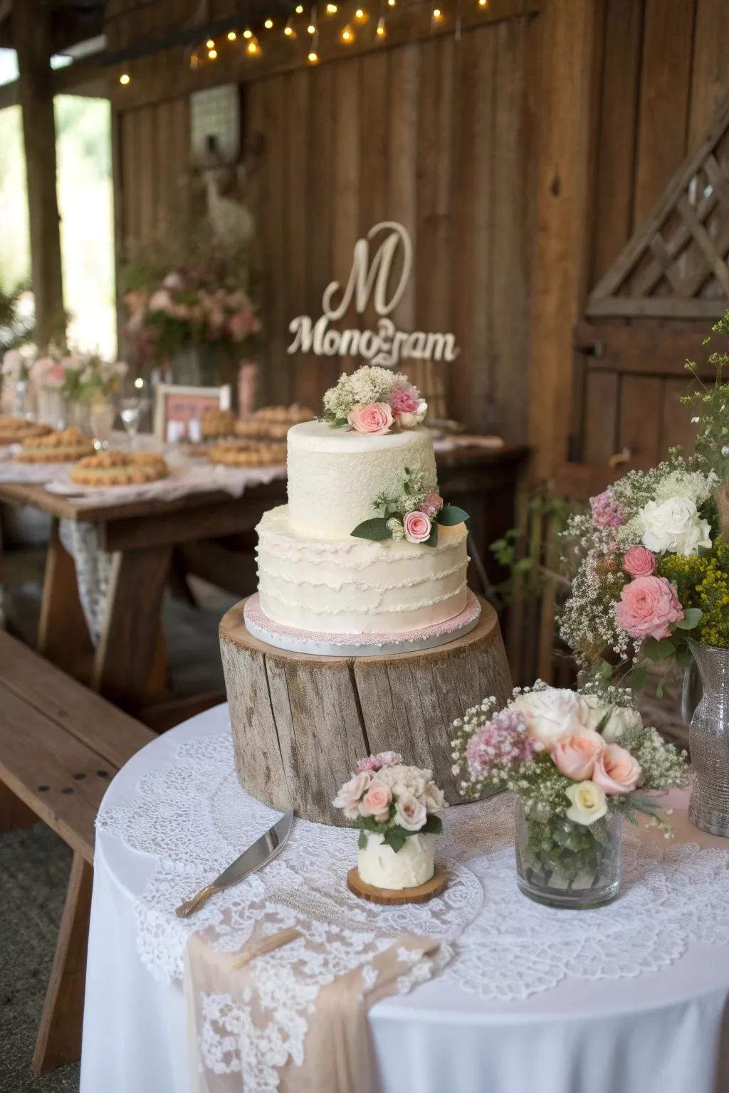 Cake with an elegant name centerpiece.