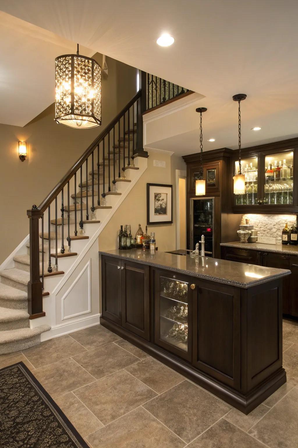 Maximize space with a wet bar under the stairs.