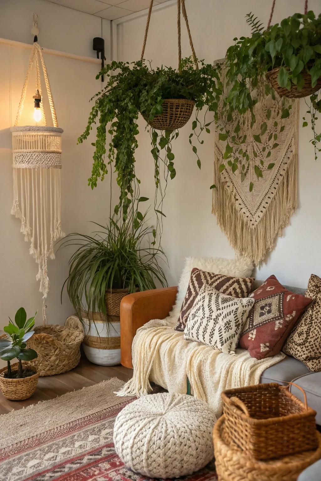 An indoor space enhanced with hanging plants and boho styling.