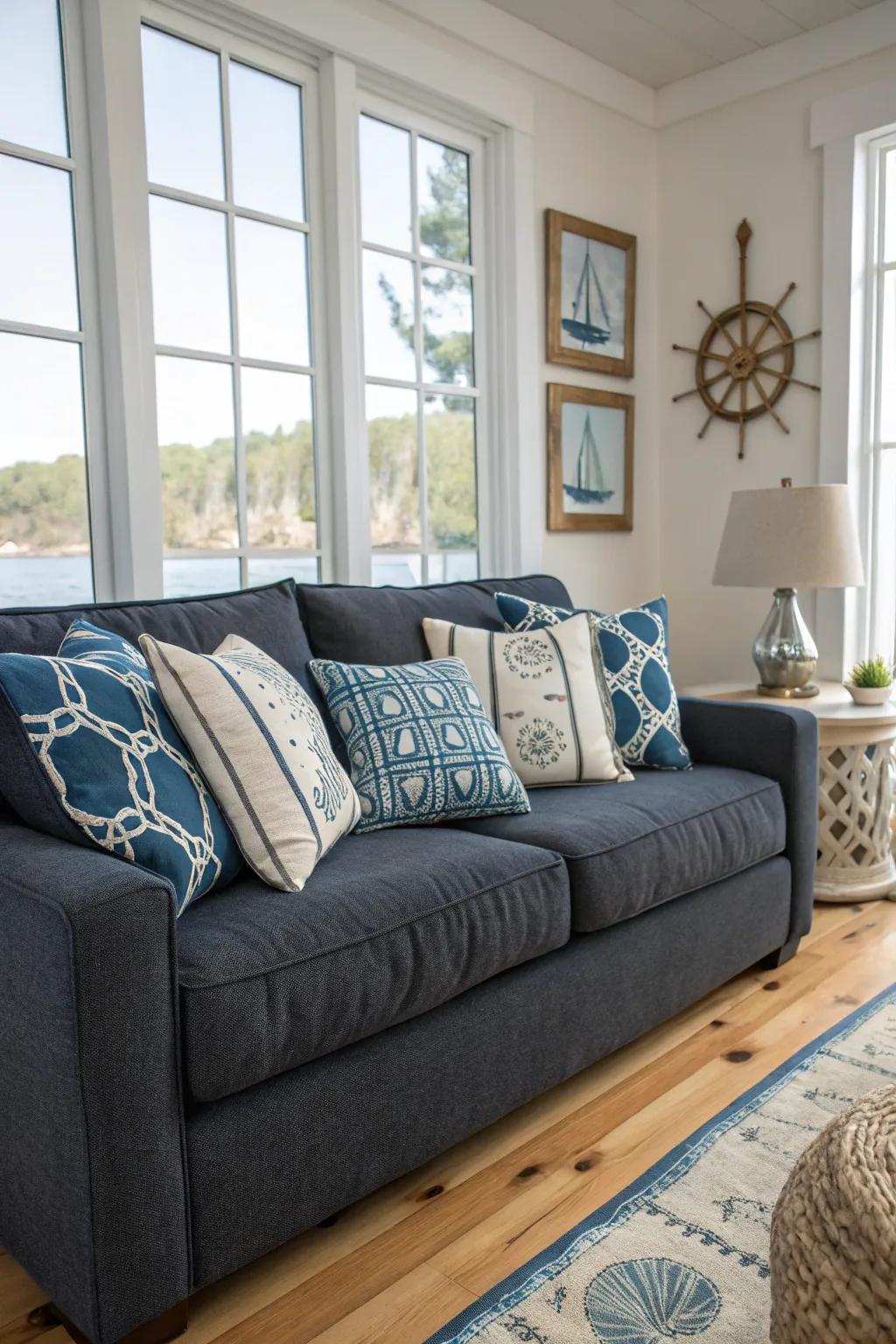 Azure and white pillows evoke coastal serenity on a dark grey sofa.