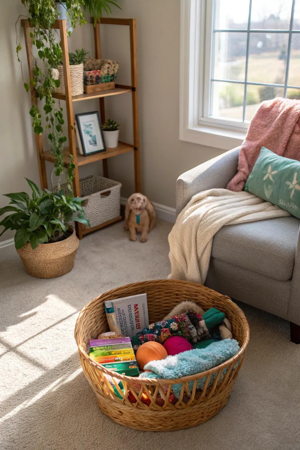 A basket designed for your pet's belongings will keep your bedroom animal-friendly and organized.