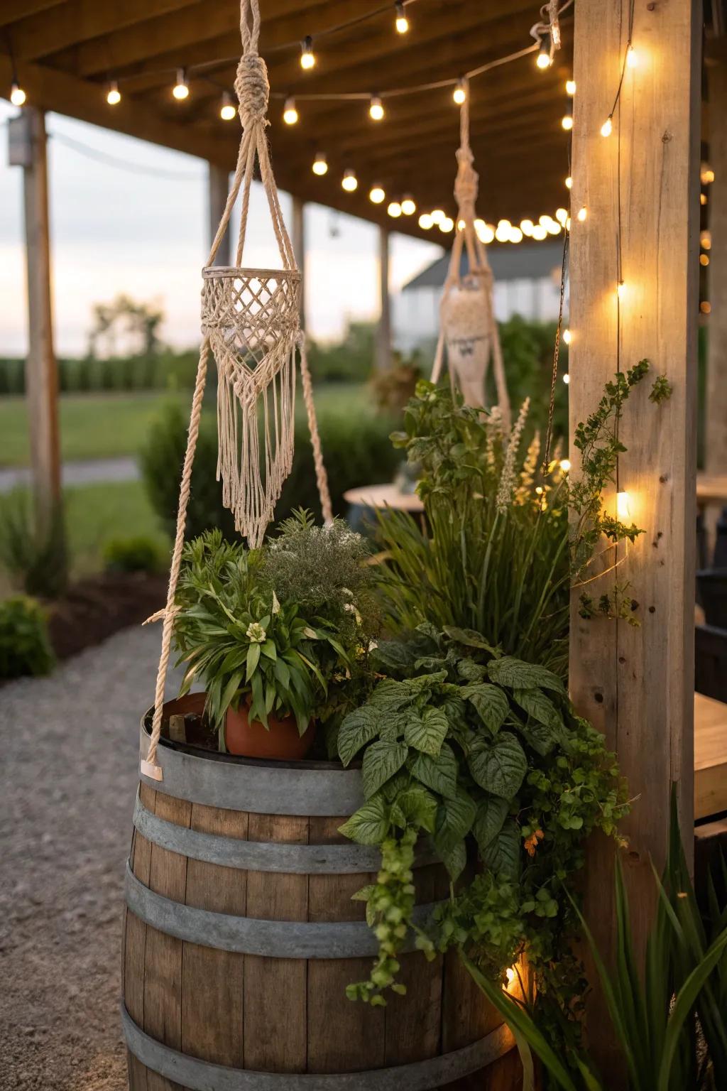 A bohemian repurposed cask featuring macramé and lights for a whimsical accent.