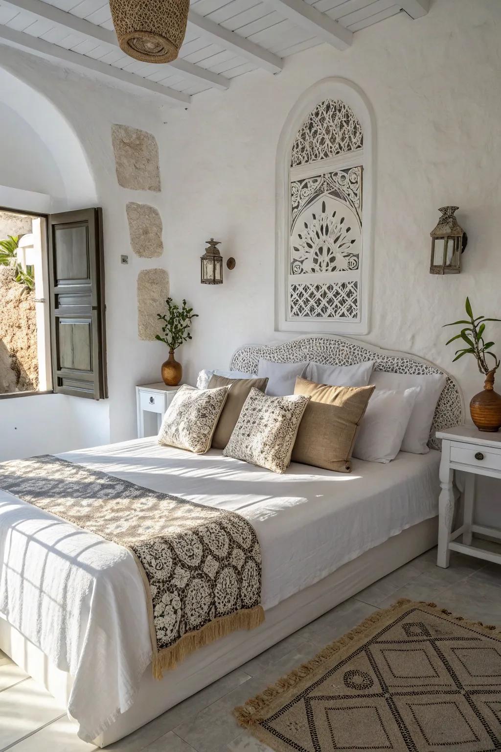 Ornamental cushions impart appeal to a white bedroom.