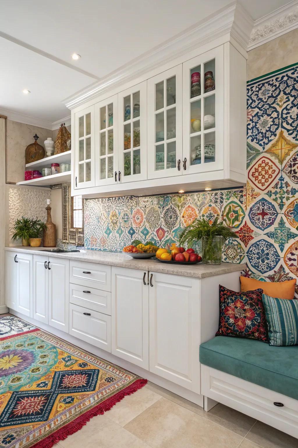 North African tiles contributing a vibrant panache to white cabinetry.